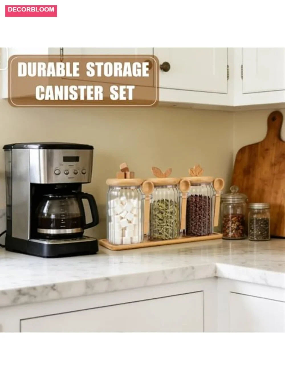 3-Piece Airtight Glass Food Storage Jar Set with Bamboo Color Lid & Spoon